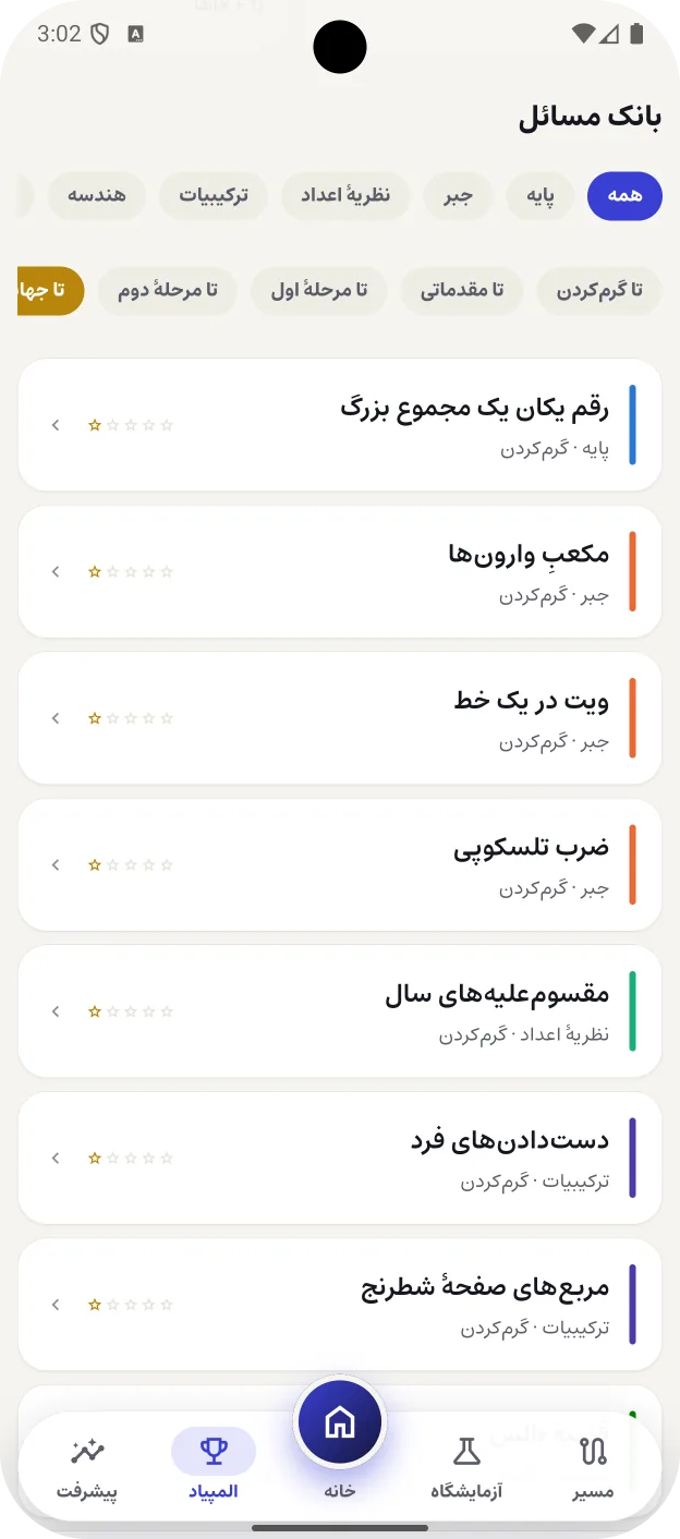 بانک مسائل با فیلتر مبحث و سطح